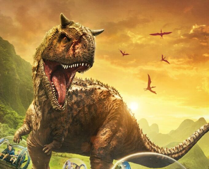 Um pôster do filme estrelado por um menino e um dinossauro.