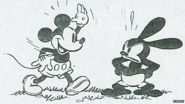 Desenho de Mickey Mouse e Oswald, o Coelho Sortudo.