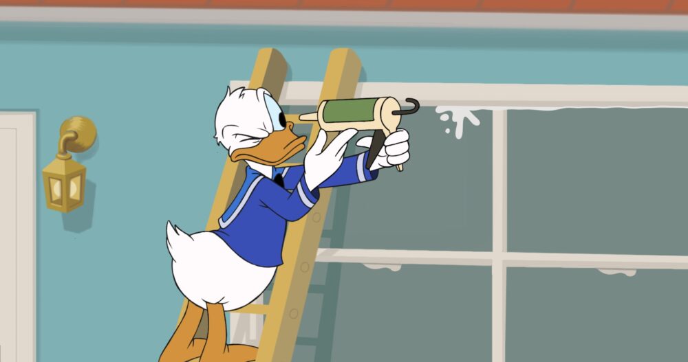 Pato animado conserta janela com cola branca.