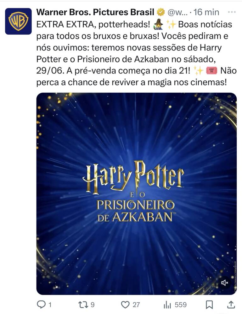 Novas sessões de Harry Potter: pré-venda começa dia 21.