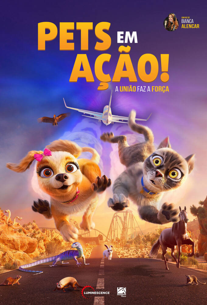 Cartaz do filme "Pets em Ação" com personagens animados.