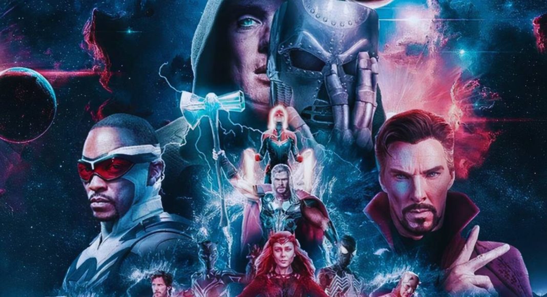 avengers secret wars Heróis e vilões da Marvel em um fundo espacial.