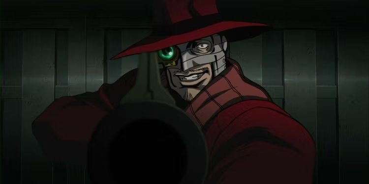 Personagem de anime com chapéu e rosto parcialmente robótico.