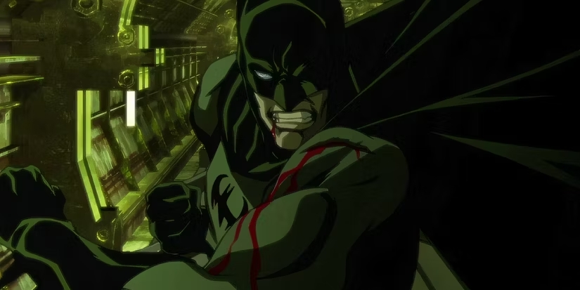 Batman animado luta em uma instalação tecnológica.
