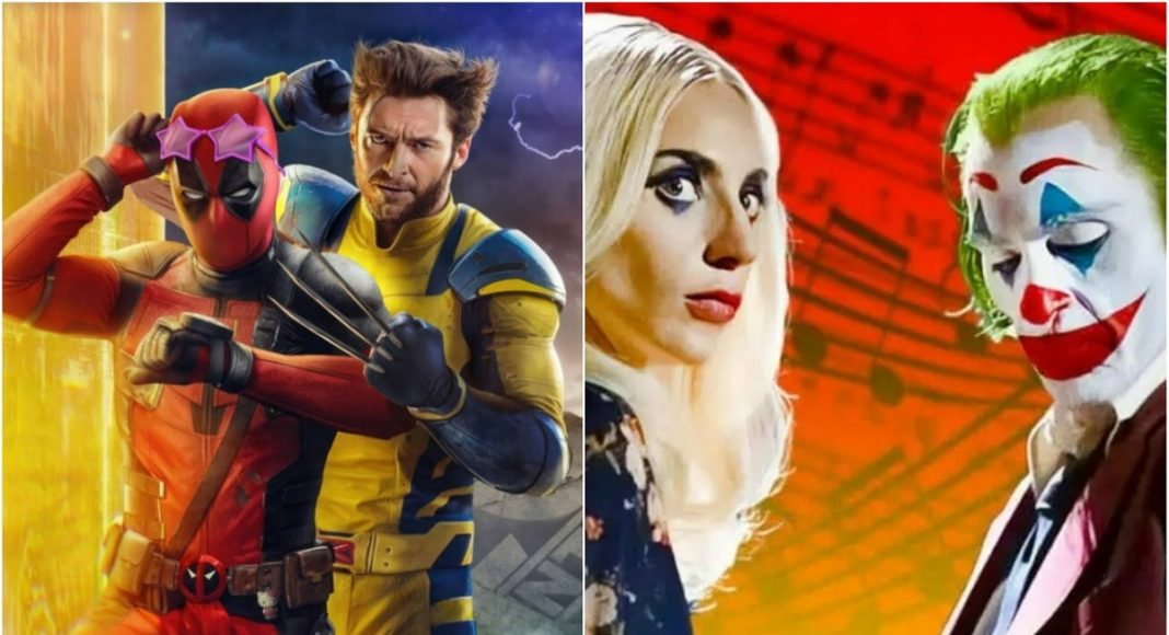 Deadpool, Wolverine, Harley Quinn e Coringa em pôsteres de filmes.