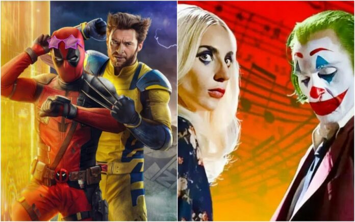 Deadpool, Wolverine, Harley Quinn e Coringa em pôsteres de filmes.