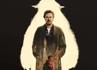 Poster de filme: homem com fundo de urso iluminado.