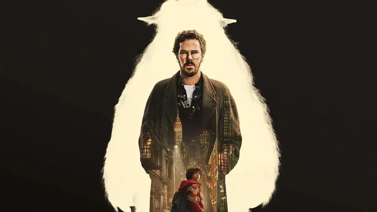 Poster de filme: homem com fundo de urso iluminado.