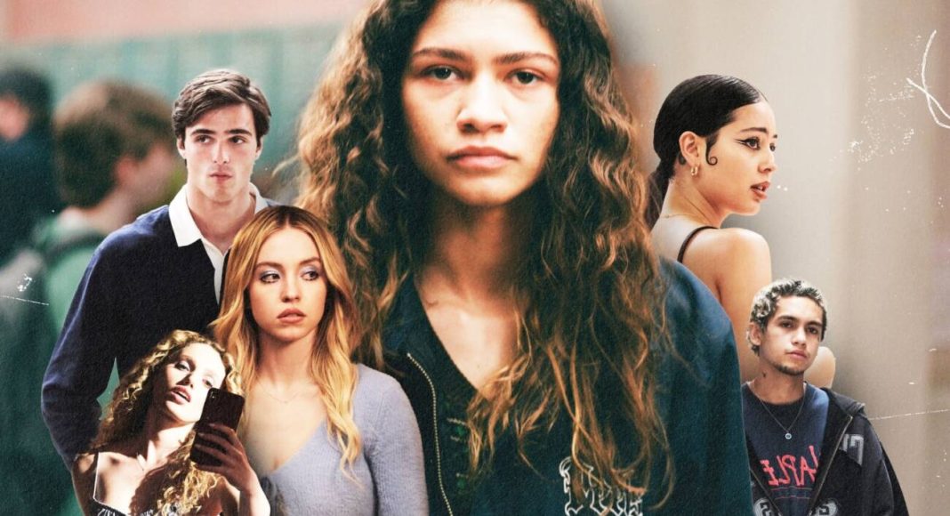 euphoria Personagens da série de televisão juntos em montagem colorida.