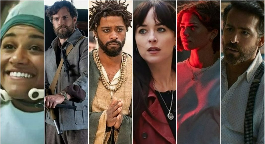 Atores de filmes em diferentes papéis e trajes.