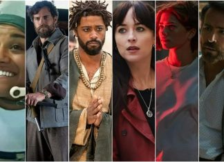 Atores de filmes em diferentes papéis e trajes.