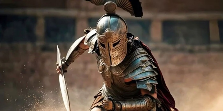 Gladiador armado em combate na arena romana.