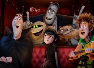 Personagens de Hotel Transilvânia juntos em um veículo.