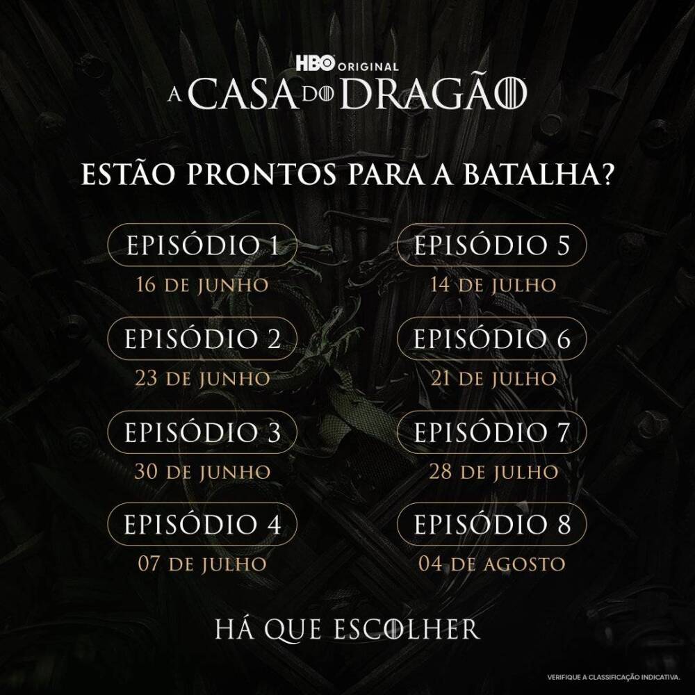 Calendário de episódios da série "A Casa do Dragão".