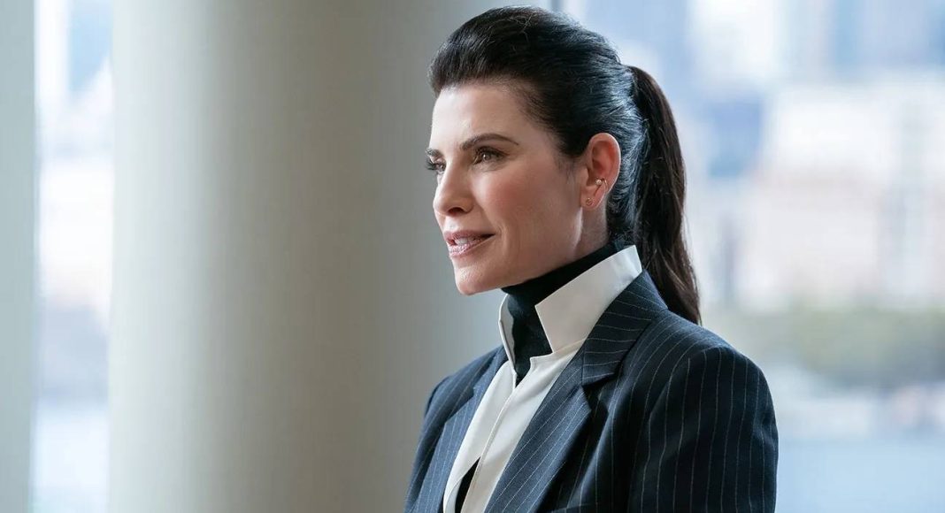 julianna margulies Mulher executiva usando terno risca de giz.