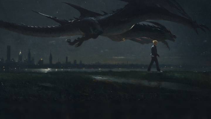 Pessoa caminhando à noite com um dragão assustador voando.