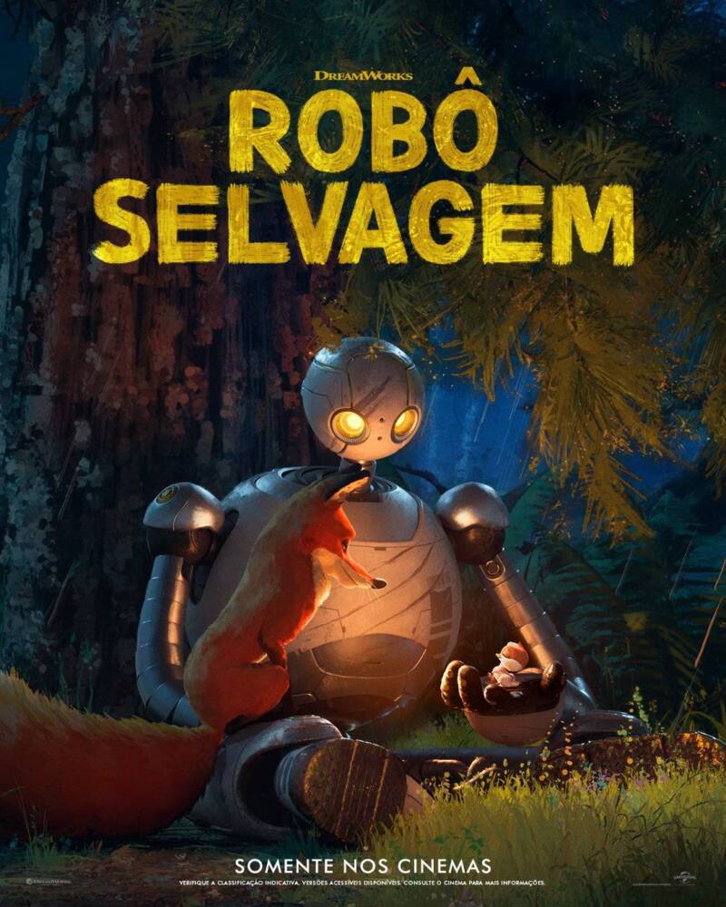 Pôster do filme "Robô Selvagem" com robô e raposa.