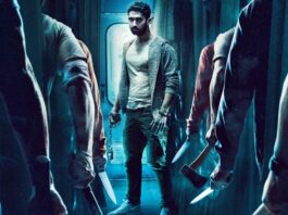 Homem cercado por figuras com facas em corredor.