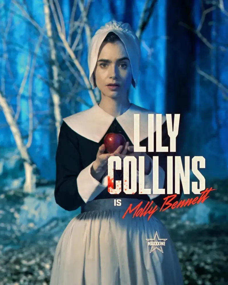 Atriz com maçã em floresta, texto "Lily Collins".