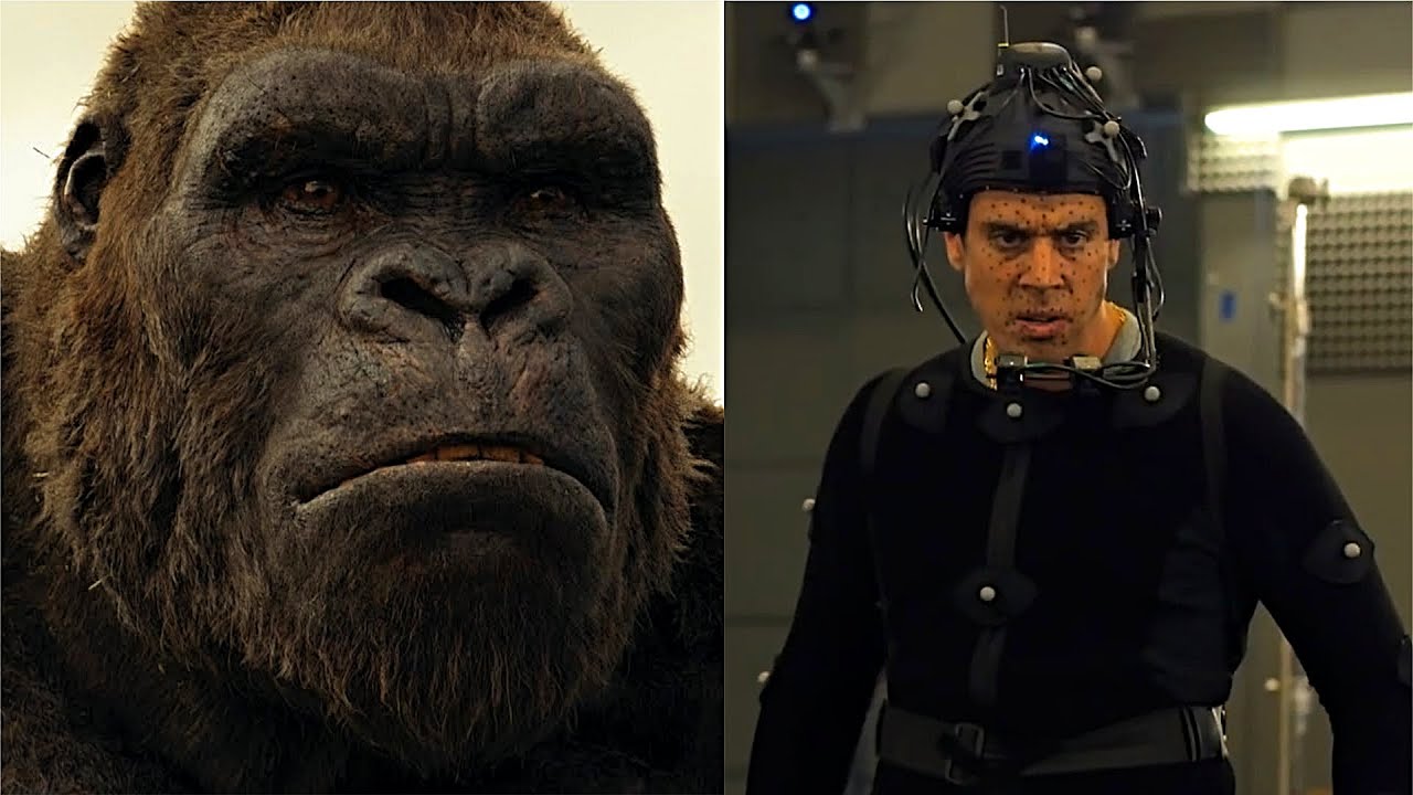 Personagem de gorila e ator em traje de captura de movimento.