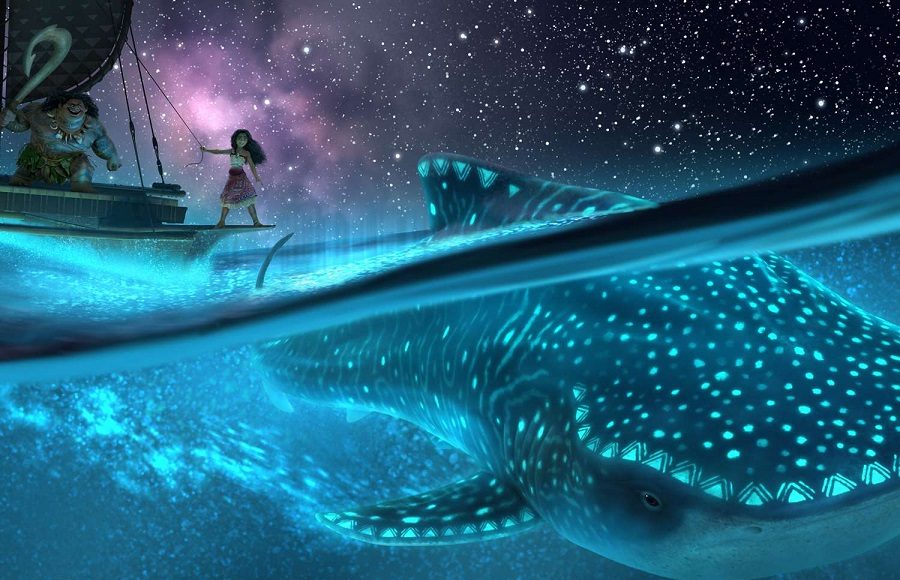 Personagens em barco ao lado de tubarão-branco luminescente.