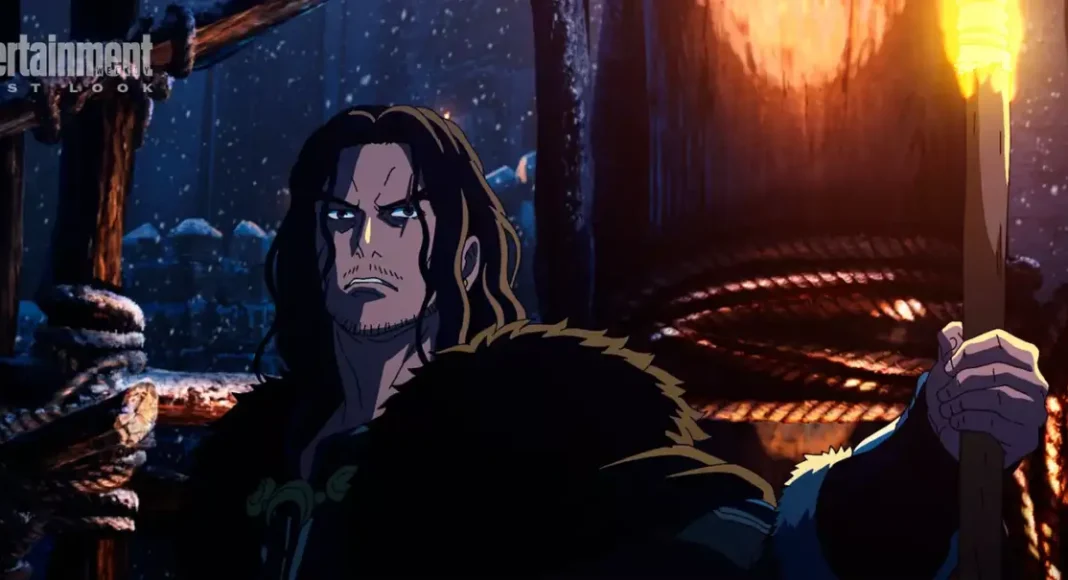 o senhor dos anéis a guerra de rohirrim 02 Animação medieval com personagem segurando uma tocha.
