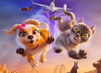Pets em Ação! Cachorro e gato voando, avião ao fundo.