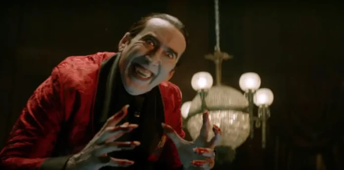Homem maquiado de vampiro assustador, cena de filme.