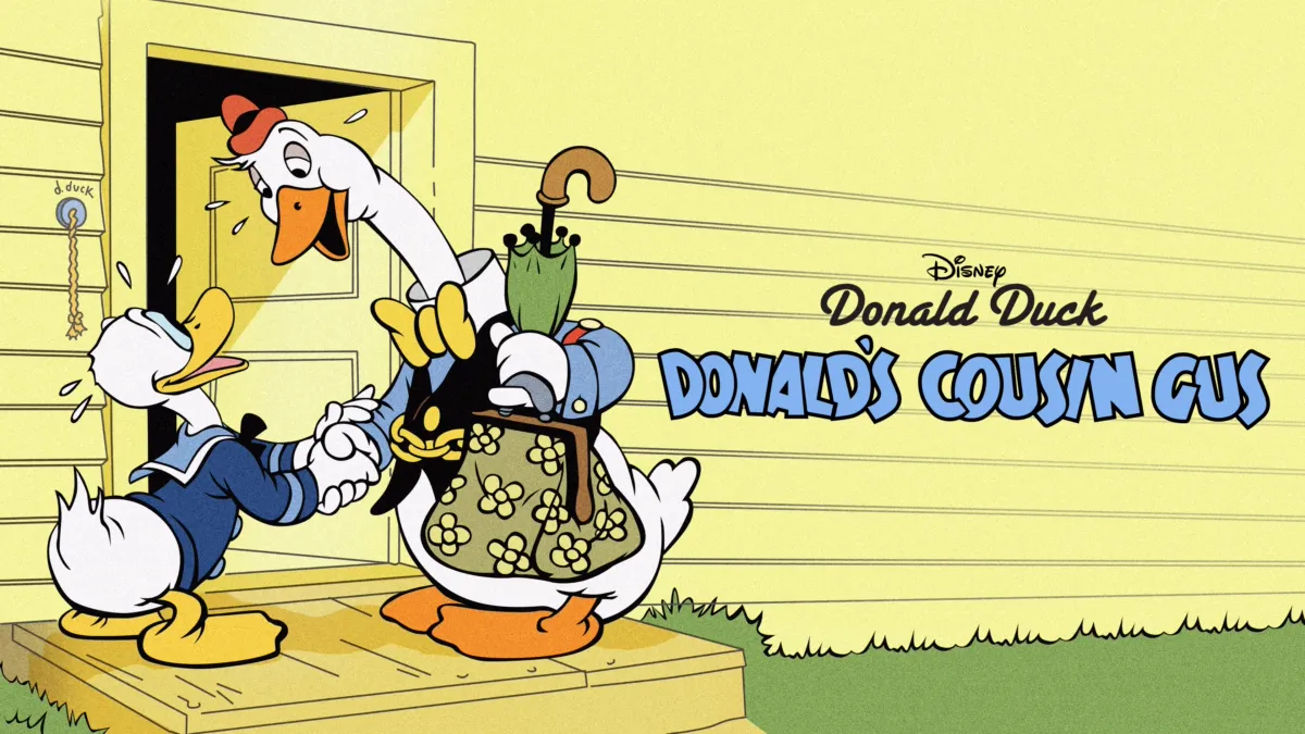 Pato Donald cumprimenta seu primo em sua casa.