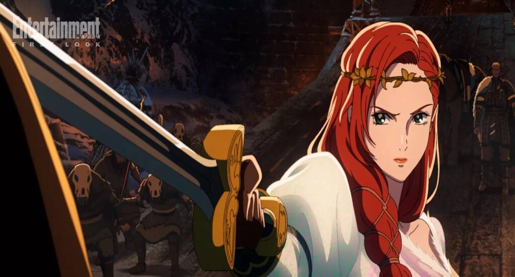 Personagem de anime segurando espada com expressão séria