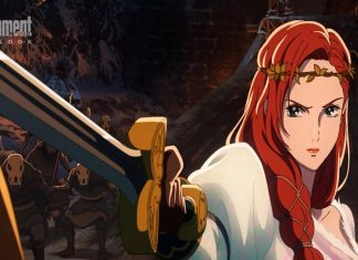Personagem de anime segurando espada com expressão séria