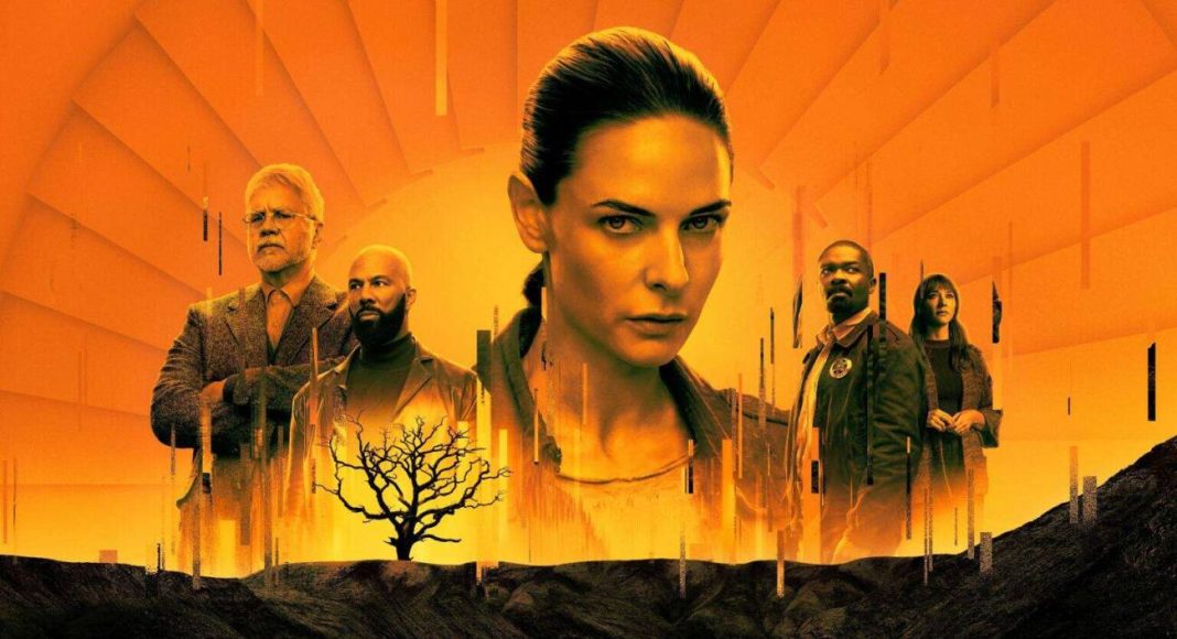 Elenco de série de mistério com fundo laranja brilhante.