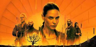 Elenco de série de mistério com fundo laranja brilhante.