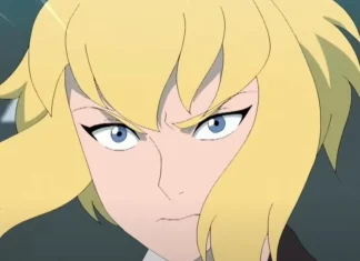 Personagem de anime com expressão determinada e cabelo loiro.
