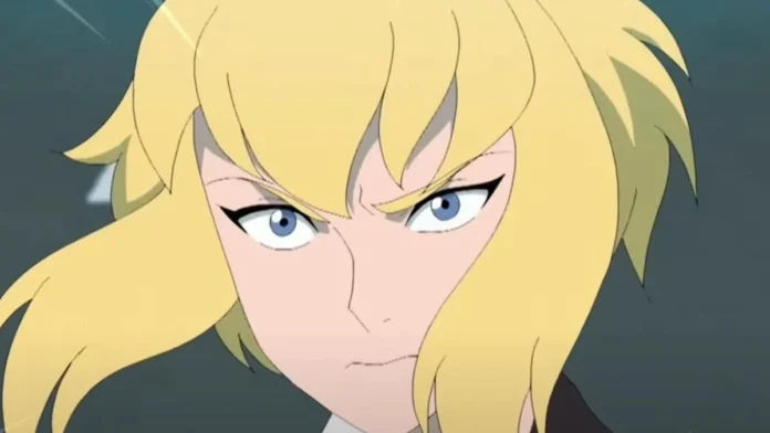 Personagem de anime com expressão determinada e cabelo loiro.