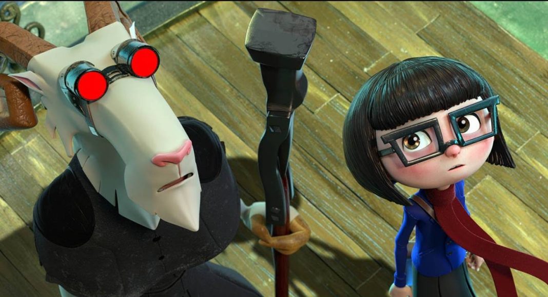 Personagens animados com óculos em ambiente de madeira.