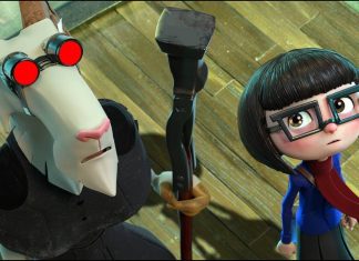 Personagens animados com óculos em ambiente de madeira.
