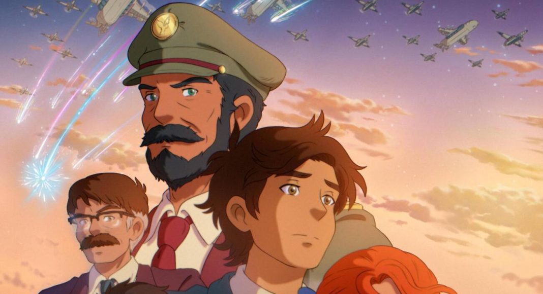 Personagens animados olhando para o céu com aviões.