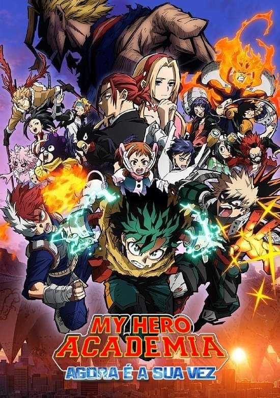 Cartaz do anime My Hero Academia, heróis em ação.