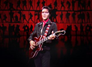 ‘Return of the King: The Fall and Rise of Elvis Presley’: Documentário da Netflix ganha trailer e data de estreia! Músico tocando guitarra com fundo vermelho e silhuetas.