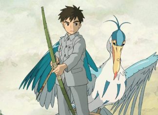 Menino com pássaro grande, estilo anime.