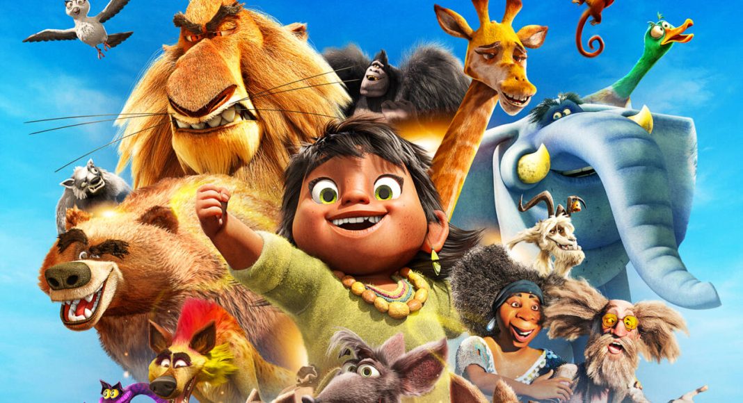 Personagem animado com animais diversos ao redor.
