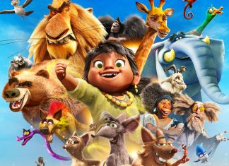 Arca de Noé Personagem animado com animais diversos ao redor.