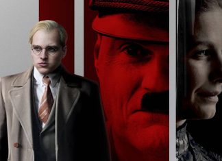A Redenção – A História Real de Bonhoeffer Três pessoas, fundo vermelho e cinza, expressões sérias.