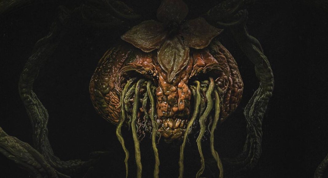 Monstro vegetal com tentáculos e aparência assustadora.