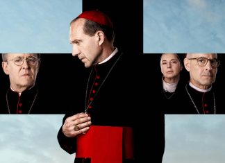 Cardeais e freira em túnicas religiosas.