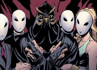 Grupo mascarado em quadrinhos com figuras misteriosas.
