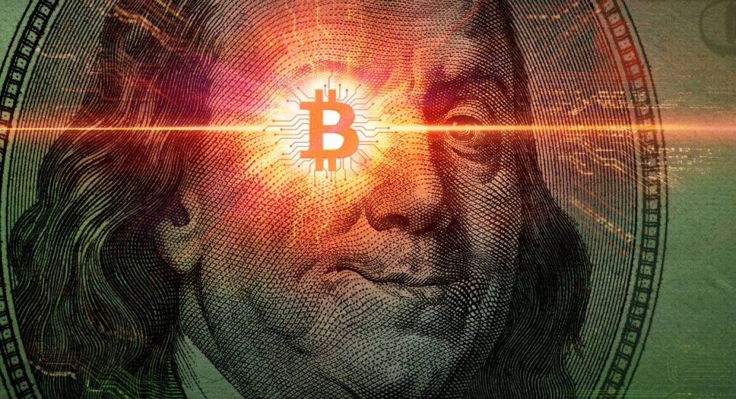 imagem 2024 10 14 163907172 Bitcoin sobre imagem de nota de dinheiro.