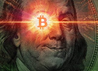 Bitcoin sobre imagem de nota de dinheiro.