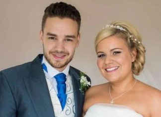 Irmã de Liam Payne faz TOCANTE homenagem ao cantor após tragédia: “Me desculpe por não ter conseguido te salvar” Casal sorrindo em casamento, vestido e terno.